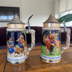 Pair of Vintage German Beer Steins with Pewter Lids